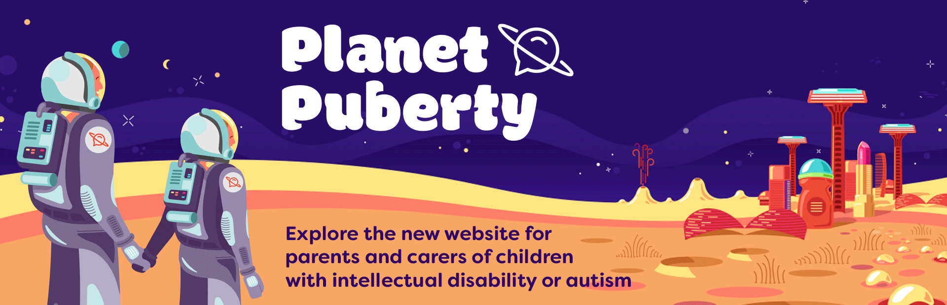 Images show Planet Puberty cartoon astronauts exploring a new planet.